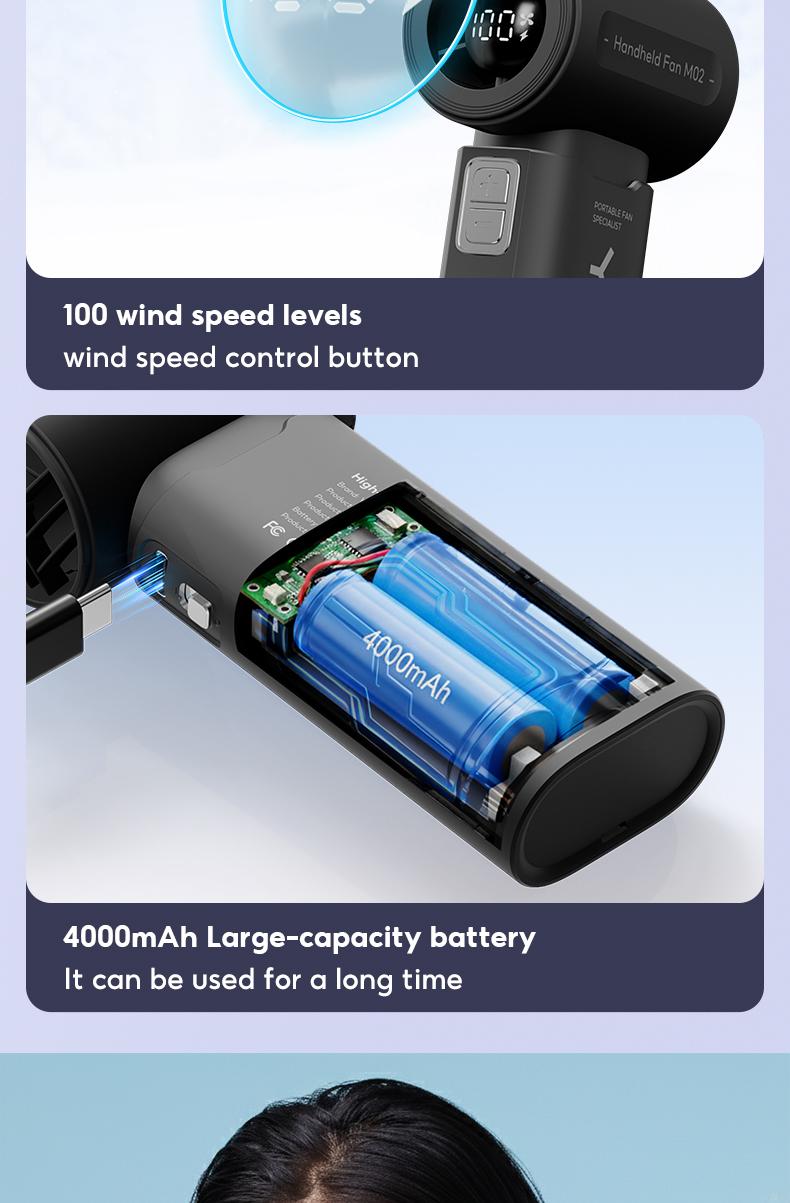 Yodevoe Handheld Fan, Turbo Powerful Airflow, Stylish Mini Pocket Fan, 100 Wind Speed ​​Settings, Up to 15 Hours of Battery Life, Rechargeable Portable Fan, Suitable for Travel and Office Use, Includes Lanyard and USB Type-C Charging Port