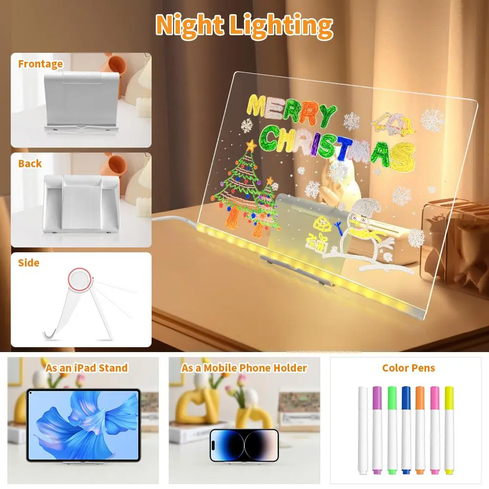 LED Light Drawing Board Toy Night Lamp Message Board Acrylic Drawing Pad with Colorful Pens, Christmas Festival Gift for Kids
