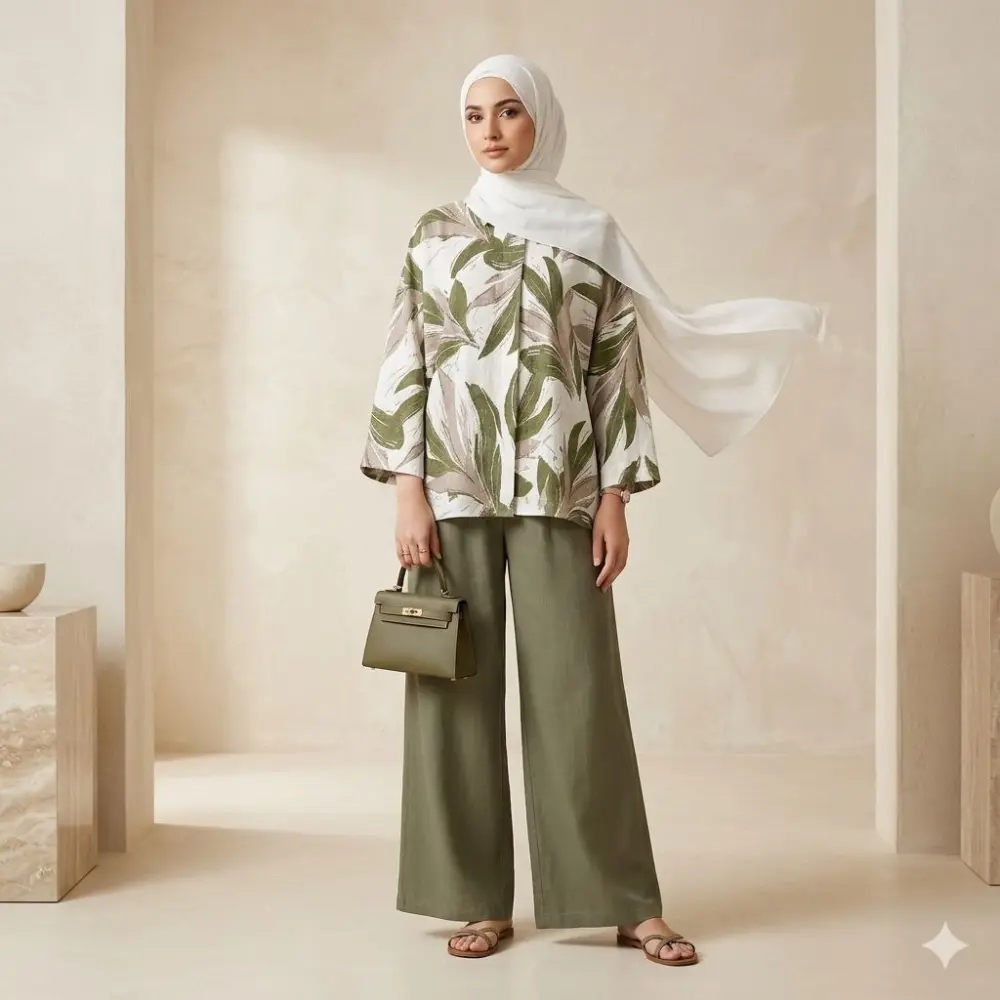 Women's Modest Cotton Linen 2 Piece Suit Botanical Leaf Print Co-Ord Set for Work & Casual Wear