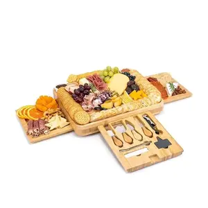 Luxury Bamboo Cheese Board and Knife Set with Slide-Out Trays Stainless
