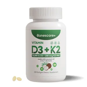 Bonescore+ Vitamin D3 + K2 (MK-7) 10000 IU D3 + 200 mcg K2 250 Softgels 8-Month Supply Supports Bone Strength Enhances Calcium Absorption & Immune Support Made in USA Non-GMO Gluten-Free Soy-Free Dairy-Free Healthcare Natural