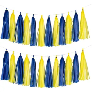 20pcs Blue and Yellow Shiny Tassel Garland Banner Tissue Paper Tassels for Party Decorations