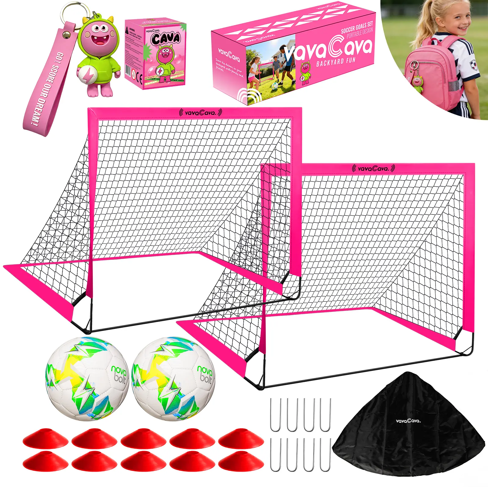 VavaCava 4'x3' Size Portable Pink Soccer Goals Set for BackyardFun, 2 Nets, 2 Size 3 Balls, 10 Marker Cones, Pump CarryBag and Cute Keychain, Outdoor Games for Backyard,Beach, Lawn, Soccer Training Equipment