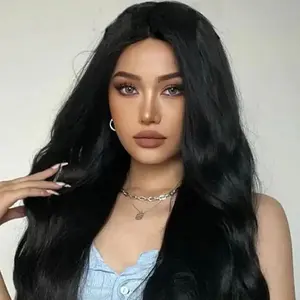 Noble 41 Inch Super Long Bohemian Wavy Synthetic Wig Natural Black Lace Wigs