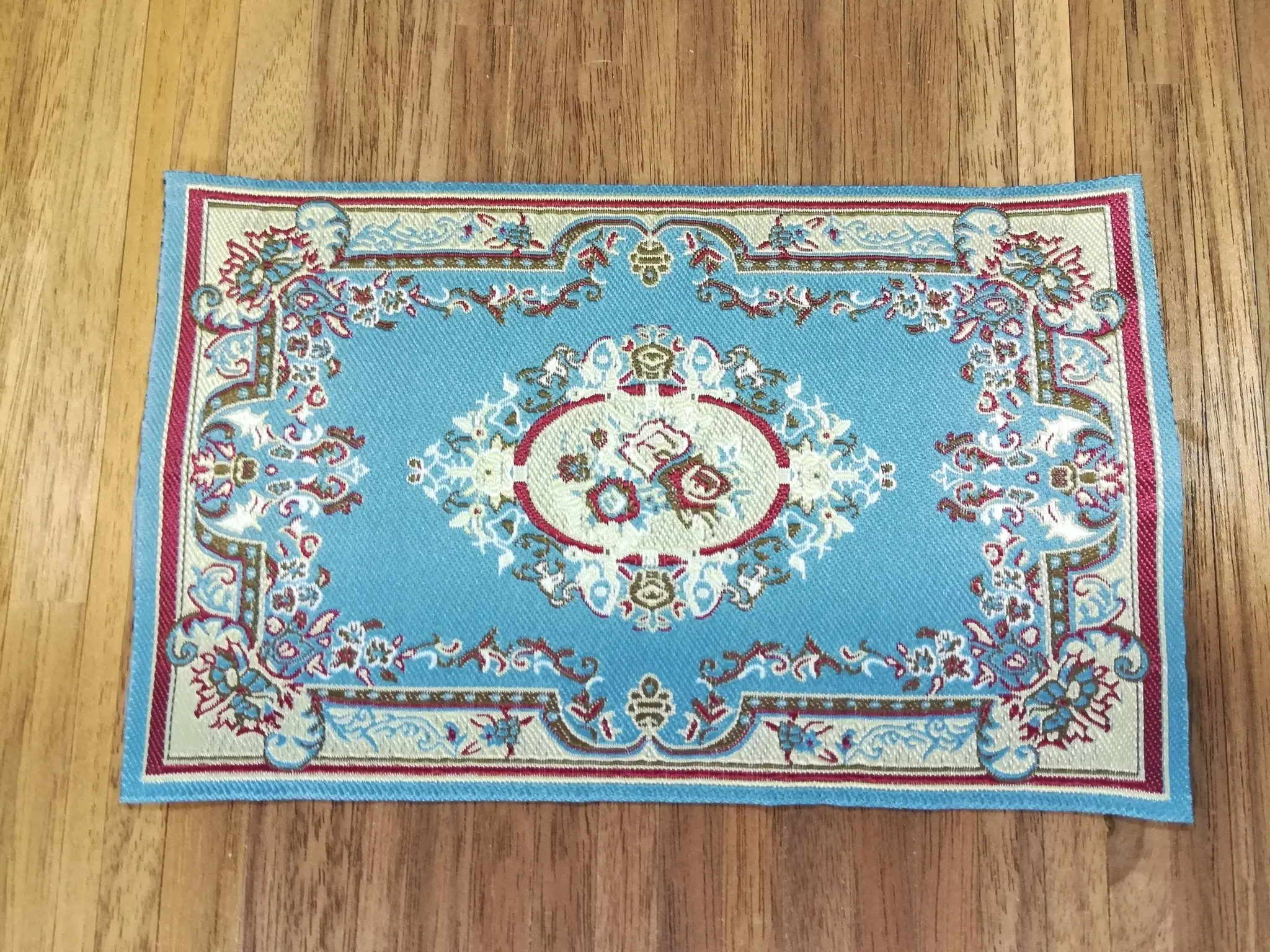 Dollhouse Miniature Rug Blue & Maroon Victorian 5 5/8" x 4" 1:12 Scale Woven Fabric