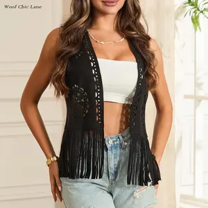 Women's faux suede fringed vest - open-front sleeveless jacket, perfect for a 70s hippie look.