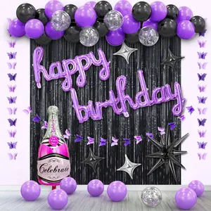 Purple Birthday Decorations for Girls Women ,Purple Black Balloon Garland Arch Kit, Happy Birthday Banner Backdrop Background, Fringe Curtains, Butterfly Party Decor Supplies.