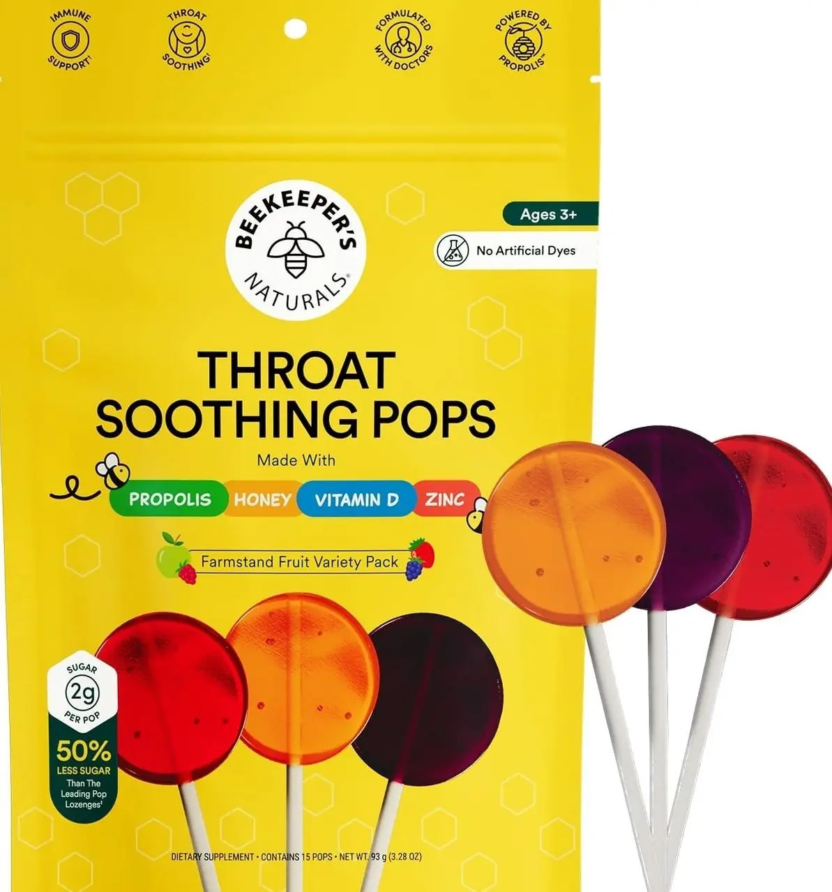 Kids Throat Soothing Lollipops by Beekeeper's Naturals - Doctor Formulated Immune Support, Vitamin D & Honey, Under 2g Sugar, Clean Ingredients,15 ct