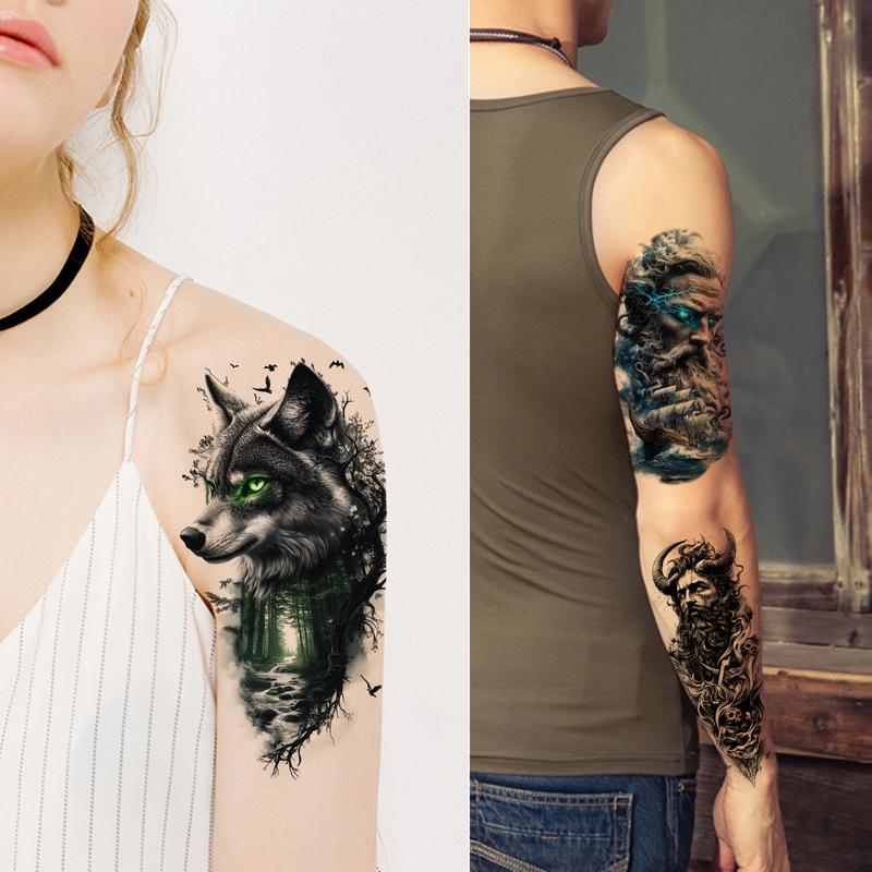 GLARYYEARS 24-Pack Half Sleeve Temporary Tattoos for Adults - Realistic 3D Halloween Cosplay, Lion, Eagle, Skull, Jesus & Greek God Gothic Designs | Waterproof Forearm Body Stickers for Men & Women