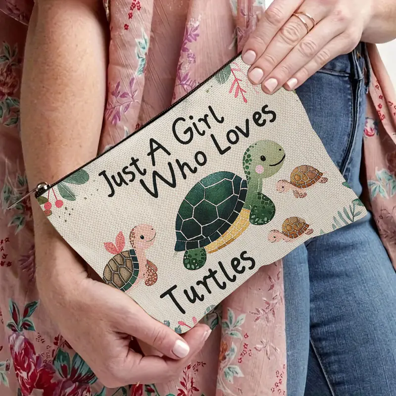 Turtle Lover Makeup Bag, Cute Hand Drawn Sea Turtle Cosmetic Pouch with Nature Aesthetic Design, Travel Beauty Bag Gift for Animal Lovers, Ocean Girls & Nature Fans