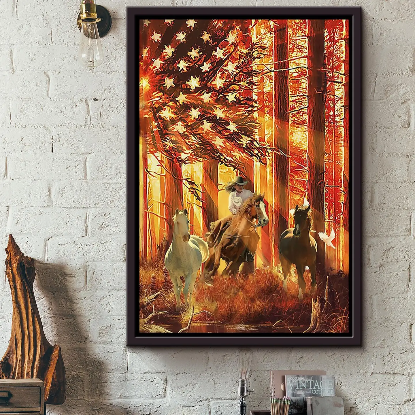 American Cowgirl Vintage Style Poster, Patriot Rodeo Motivation Art, no frame