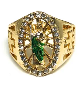 Gold Plated Yellow & Green San Judas Saint Jude Ring Anillo