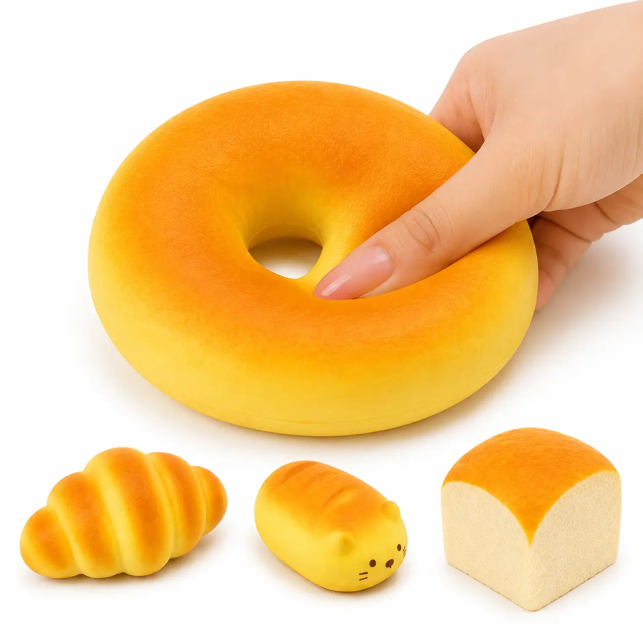 Super Soft Bakery Squishy Set - Slow Rising Bread Squeeze Toys (Croissant, Donut, Bunny Bun, Hawaiian Roll) with Fidgets Squishies, Pocket Stress Relief, Sensory Reliever, Squeeze Balls for Kids Teens Adults