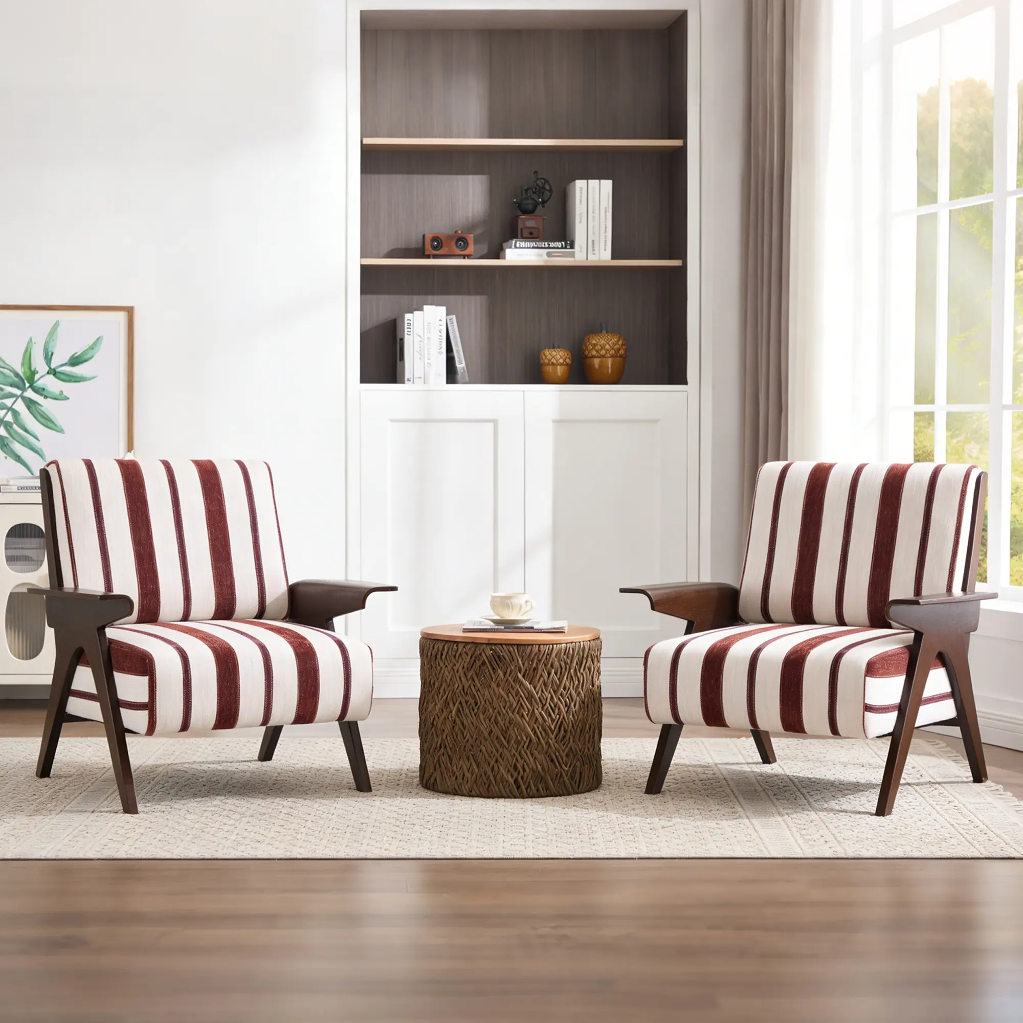 Striped Linen Armchair with Oak Legs and Wide Armrests, High-Density Foam Cushion, Red and White, for Living Room or Bedroom