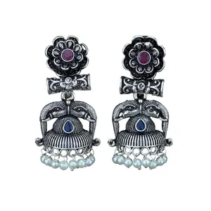 Elegant Oxidized Jhumka Earrings | Ethnic Trishul Design with Faux Pearls for Bridal and Festive Wear | Bollywood Charm