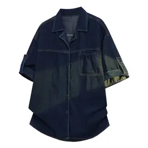 New summer solid-color minimalist men’s short-sleeve T-shirt, casual distinctive denim shirt with a collar for men, retro trendy men’s short-sleeve jacket, #fathersdaygift