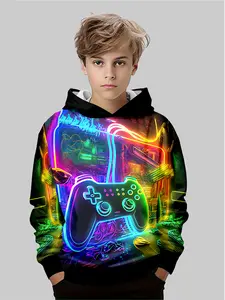 Boys' Game Controller Print Graphic Hoodie, Colorful Style, Perfect for Gaming Parties, Comfortable Fit, Ideal Gift for Kids