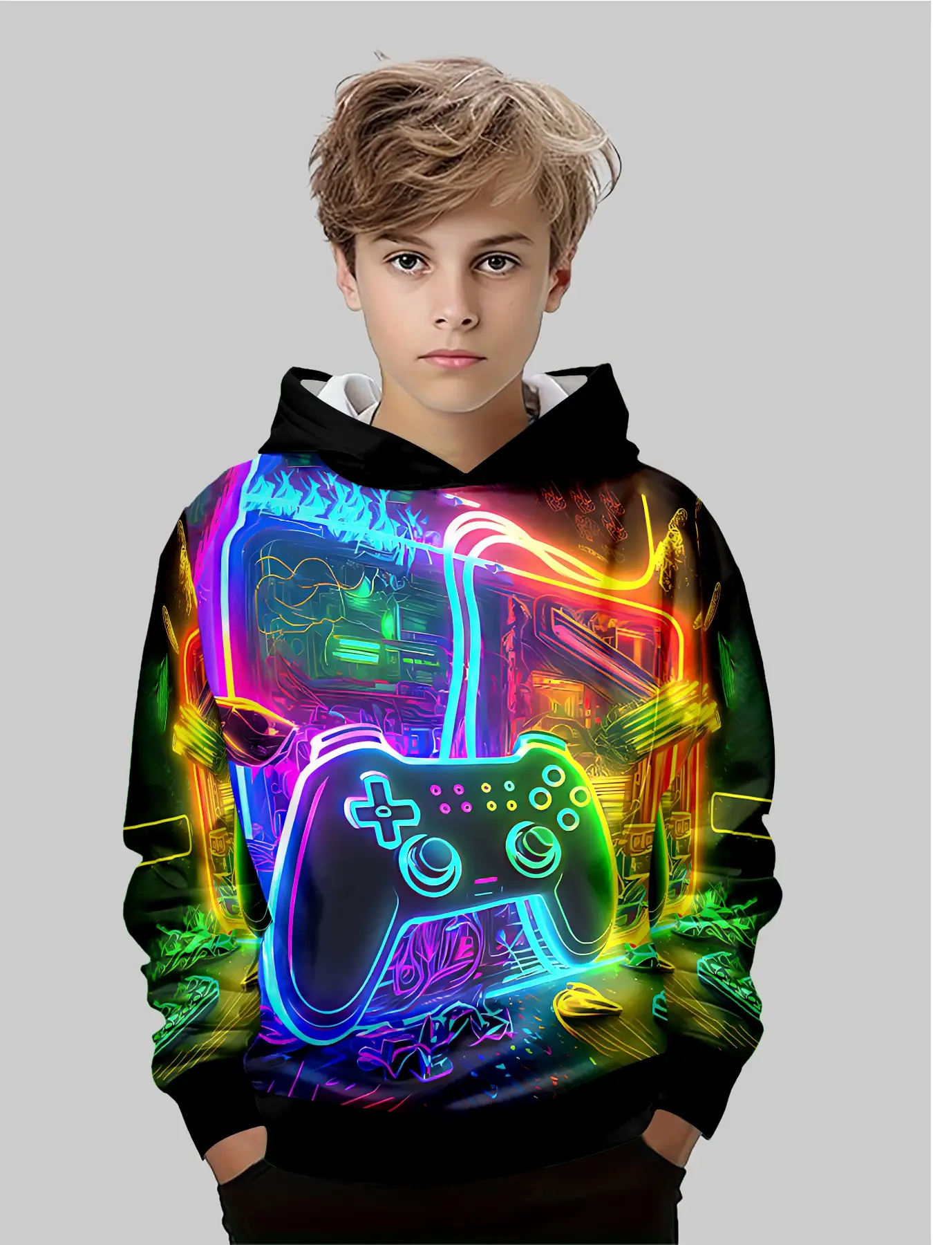 Boys' Game Controller Print Hoodie, Colorful Style, Perfect for Gaming Parties, Comfortable Fit, Ideal Gift for Kids