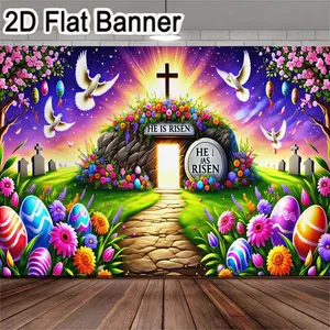 2D flat banner, 1pcVibrant Easter-themed backdrop featuring a stone tomb with flowers and a cross, perfect for Easter celebrations, church events, holiday decorations, photography props, indoor and outdoor festive setups, home and garden decor. Ava