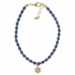 Zad Jewelry Coastal Theme Beaded Anklet - Beaded Chain Ankle Bracelet with Dangling Ship Wheel Helm Charm (Blue), Dangling Charm