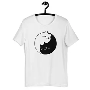 Men's cats and yin-yang symbolism Graphic T-Shirt - Short Sleeve Crew Neck Regular Fit Casual Wear | Soft & Breathable Fabric, Durable Print, Everyday Comfort, Machine Washable, minimalist and cartoonish a white t-shirt featuring a black and white cat