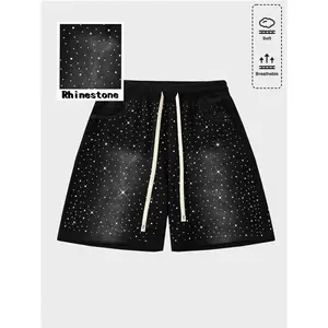 Men's High Cotton Rhinestone All-Over Print Casual Shorts, Elastic Waist Drawstring Loose Fit Streetwear Shorts, Soft Breathable Summer Knee-Length Bottoms for Men