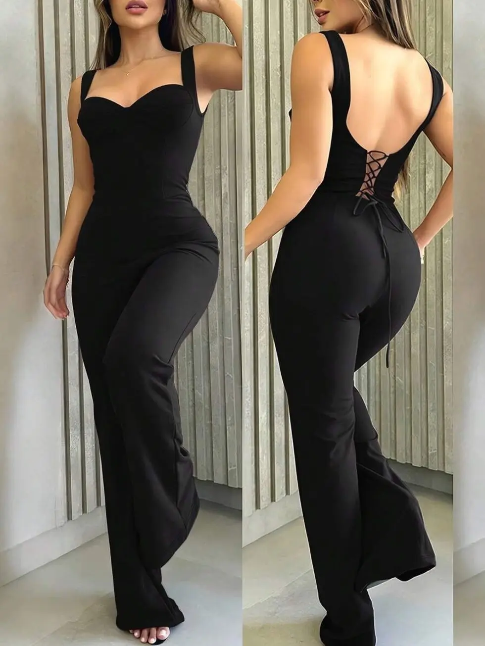 Women's Elegant Straight Leg Jumpsuit, Sexy Backless Bandage Romper, Sophisticated Formal Evening Wear