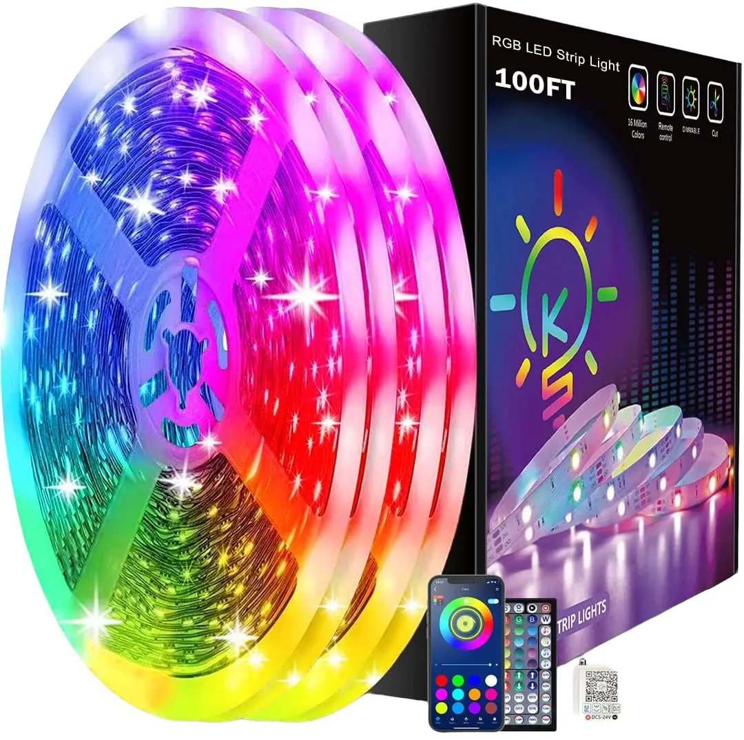 100ft Led Strip Lights (2 Rolls of 50ft) Bluetooth Smart App Control Music Sync Color Changing RGB Led Light Strip with Remote,Led Lights for Bedroom