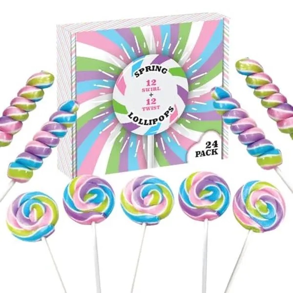 Spring Easter Candy - 24 Lollipops Individually Wrapped - 18g Swirl and 12g Twisty Lollipops - Easter Basket Candy - Egg Hunts - Candy Buffet