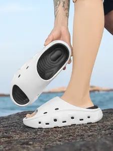 Women's White-Black Color-Block Slides: Breathable Hollow + Soft Shock-Absorbing Sole, Anti-Slip Bathroom Home Slippers