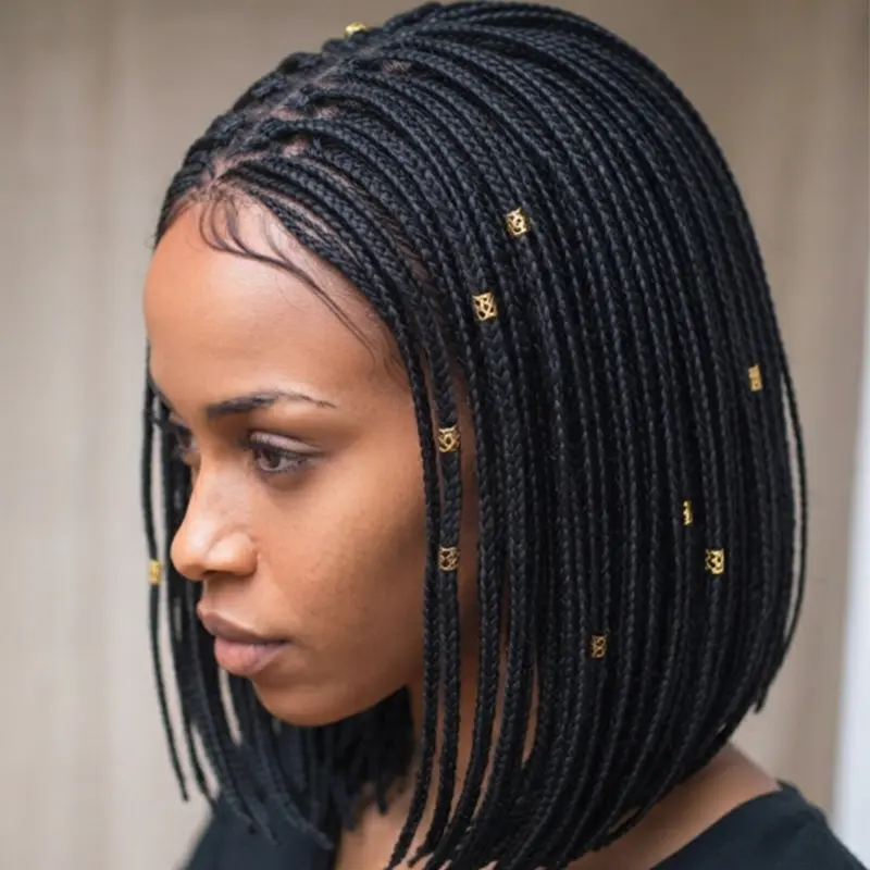 DOSAY Hair 12 Inch Bob African Box Braided Full Lace Front Wig Handmade Cornrow Synthetic Braids Wig Decorated With Gold Beads Glueless Pre Plucked Baby Hair Protective Daily Hairstyle For African American Women #BobBraids #GoldBeadBraids #BraidedWigs