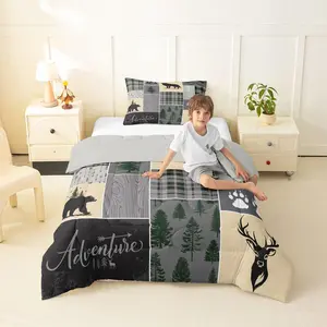 Farmhouse Cabin Boys Comforter Set,Wolf Bear Antlers Bedding Set,Woodland Wildlife Claw Quilt for Teens Adult Bedroom Rustic Lodge Plaid Patchwork Bedding Comforter Set,Grey Green