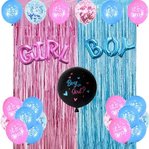 Boy Or Girl Gender Decorations -  And Blue Balloons With Fringe Curtains For Gender Reveal Party Photo Backdrop