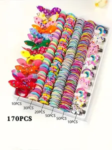 170pcs Random Flower Cartoon Hair Clip Set, Elastic Hair Accessory, Durable & High Elasticity, Perfect for Parties, School Events, Daily Use, Hair Decor, Hair Accessories Set