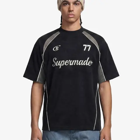 Supermade Men's Casual Drapey Classic Suede Short-Sleeve Crewneck T-Shirt - Relaxed Fit, Soft Fabric, Logo Embroidered Patchwork, Side Embroidery, Streetwear Menswear Top