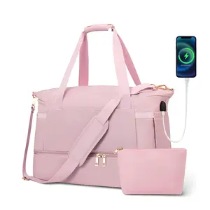 [With USB rechargeable] Sports fitness bag for men and women with independent shoe compartment + wet and dry separation bag Travel training bag Business trip overnight/weekend short trip/yoga fitness handbag Durable Gym Bag with Compartments gym  bag