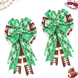 Large Football Bows for Wreath 20x11 Inch, 2 Pack Pre-Tied Wired Burlap Ribbon, Decorative Tree Topper Bow for Front Door  Party Indoor Outdoor Decoration (Green)