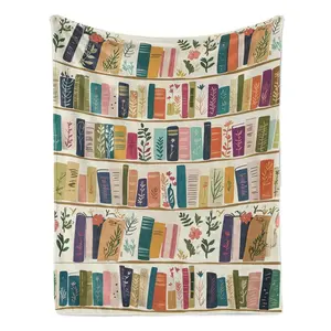 Vintage Bookshelf Library Throw Blanket Cottagecore Book Wildlowers Blanket Gift For Book Lover Library Gift Floral Bookish Gift For Reader 280GSM