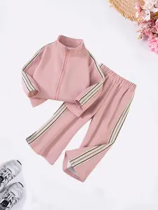 2-piece Spring/Autumn Girls' Striped Set, Casual Outfit Set, Clothes Kids, long-sleeved zip-up jacket with wide-leg trousers Suitable for girls aged 2-7 Ideal for outdoor and school wear Track Uniforms Girls
