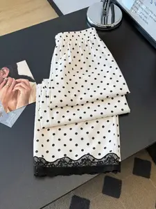 Women's Striped Lace Hem Patchwork Pants, Casual Slim-Fitting Long Trousers, Perfect for Daily Home Camping Office Commute