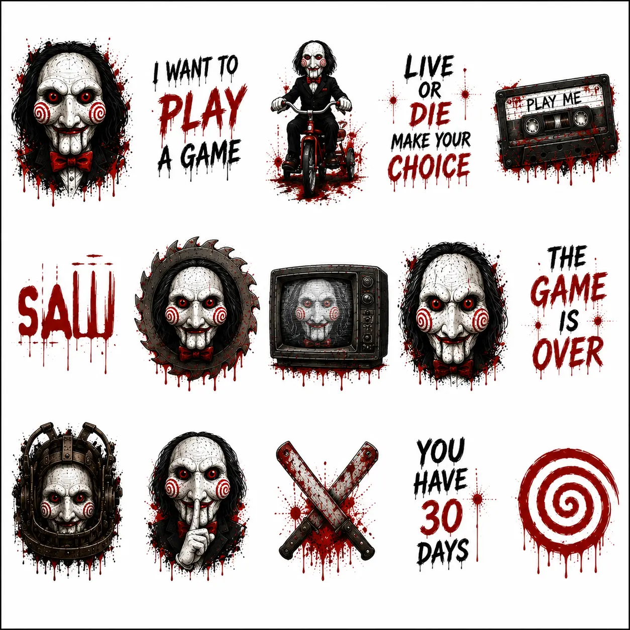 Jigsaw Temporary Tattoo Set, 15 Pieces, Halloween Horror Tattoos, Scary Puppet Body Stickers, Horror Movie Inspired Temporary Tattoos for Adults & Teens, Halloween Party Costume Accessories