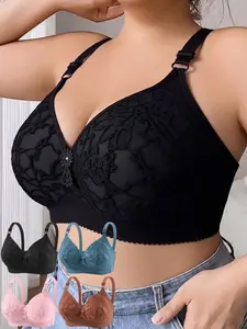 Four-Piece Comfortable Fabric Push-Up Plus Size Everyday Elegant Floral Lace Design Seamless Bra Set, Stylish, Chic and Supportive Underwear