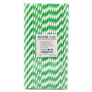 Eco-friendly 10.25 Inch Long Disposable Paper Drinking Straws 6mm Wide [100 Pack] - Green/White Striped