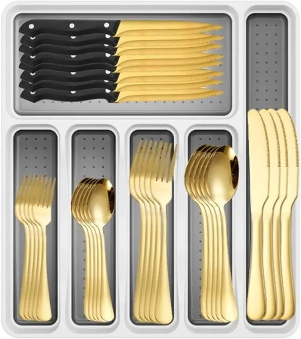 (Deals for you) 49-60 Piece  Flatware  in Color Box &  Color Box  with Organizer, Stainless Steel Silverware  for 8 with Drawer Storage Tray, Mirror Polished Cutlery  for Home and Restaurant, Dishwasher Safe tableware festival party porcelain dish