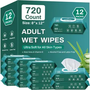 720 Count (12 Packs of 60) Wipes for Adults, 8" X 12" Extra Large Wipes for Incontinence & Cleansing, Body Wipes Bath Wipes - Disposable Shower Wipes for Elderly Bathing No-Rinse - Vitamin E & Aloe AOZITA