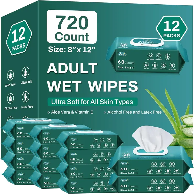 720 Count (12 Packs of 60) Wipes for Adults, 8" X 12" Extra Large Wipes for Incontinence & Cleansing, Body Wipes Bath Wipes - Disposable Shower Wipes for Elderly Bathing No-Rinse - Vitamin E & Aloe AOZITA
