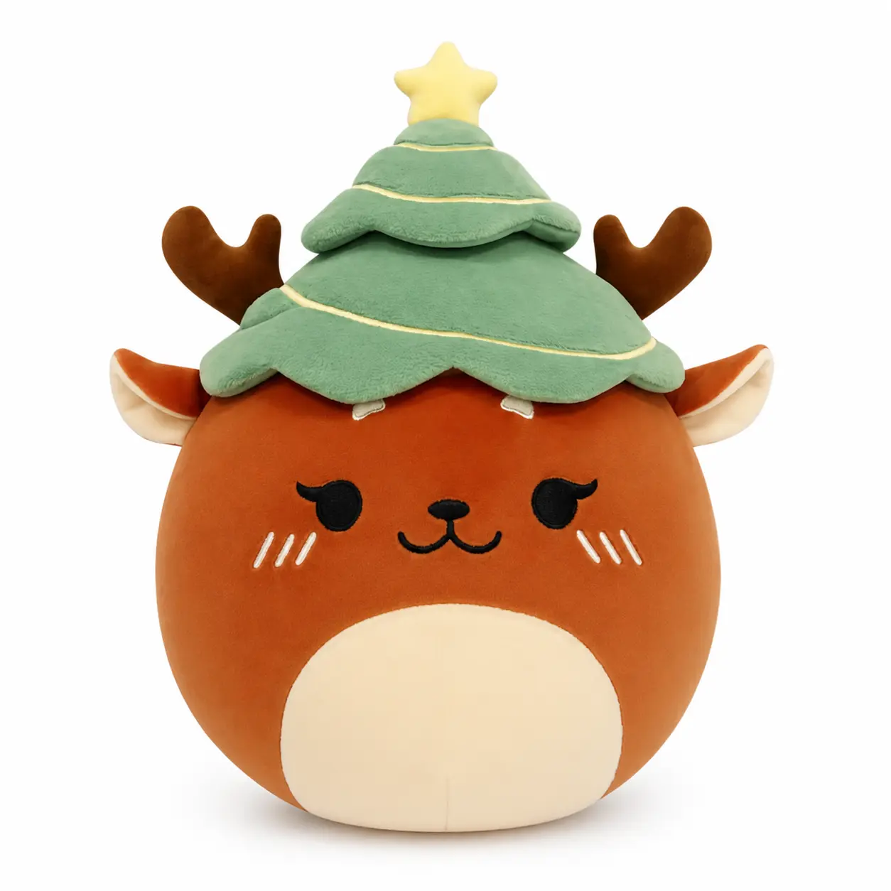 Christmas Reindeer Merry Plush Pillow, Soft Holiday Stuffed Animal with Tree Hat, 12in