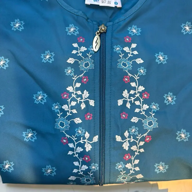Burkini Swimsuit Blue and Floral with Zipper Closure and Embroidered Design