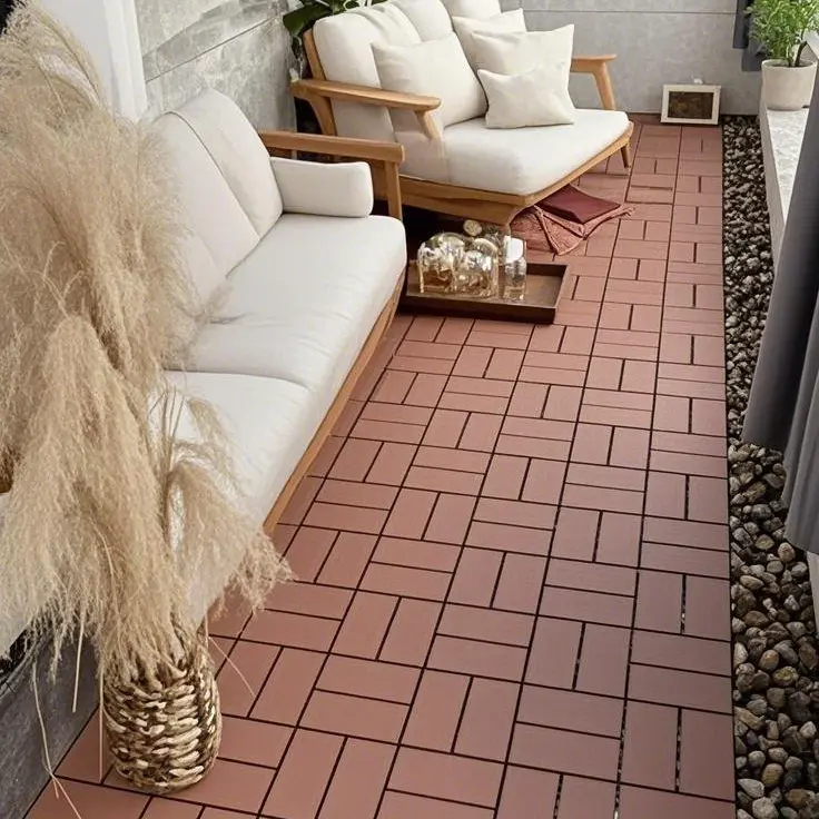 ZUGELAN 44-Pack 12"x12" Brown Interlocking WPC Deck Tiles, 44 sqft Waterproof All-Weather Flooring with Gray Exterior Panels, Easy-to-Install & Clean for Patio (Indoor/Outdoor Use), Function": "All-Weather, Outdoor/Indoor