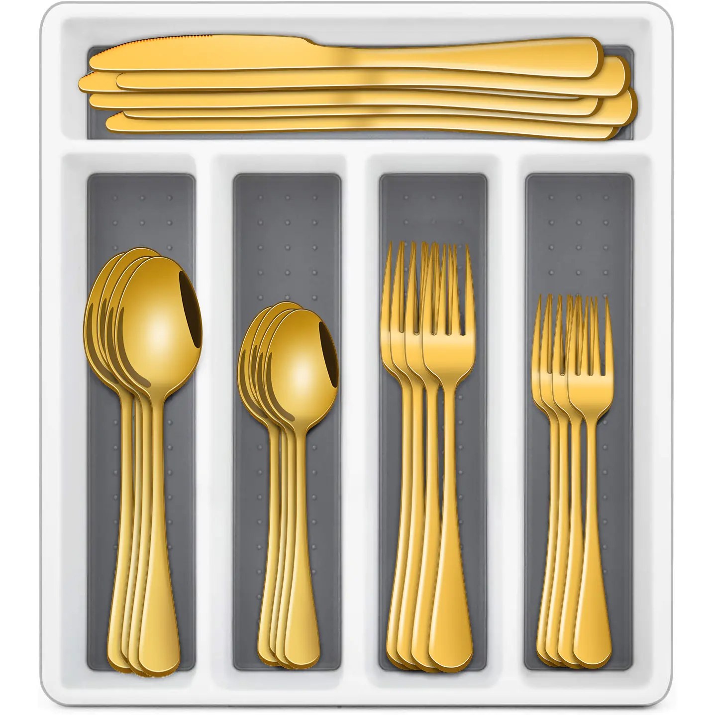 60Pcs Golden Stainless Steel Silverware Sets with Organizer, Dinnerware​ Cutlery Utensil Sets With Gold​ Steak Knives, Spoon And Fork, Tableware Sets​ For Hotel And Restaurant, Glossy Dishwasher Safe Flatware Sets (Choose 24/30/48/49 Pcs)